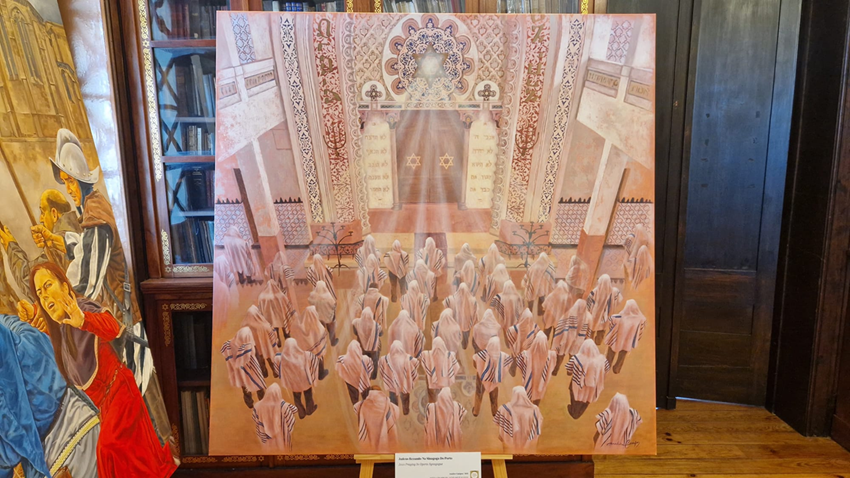 Tourists' favorite paintings: a 15th-century Beit Midrash and the Minyan gathered in the Porto synagogue in the 21st century